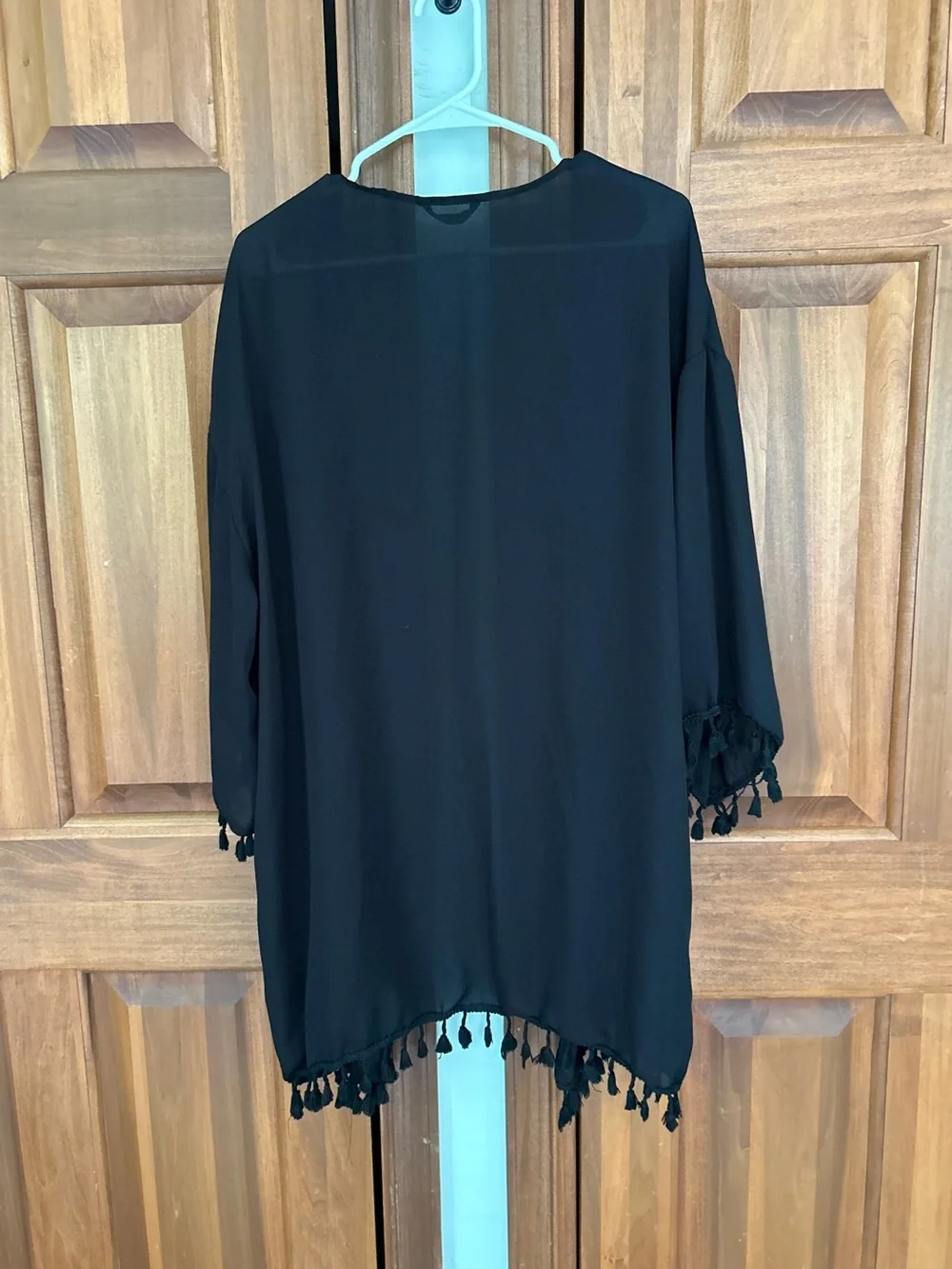 Black Tassel-Trim Swim Coverup Kimono